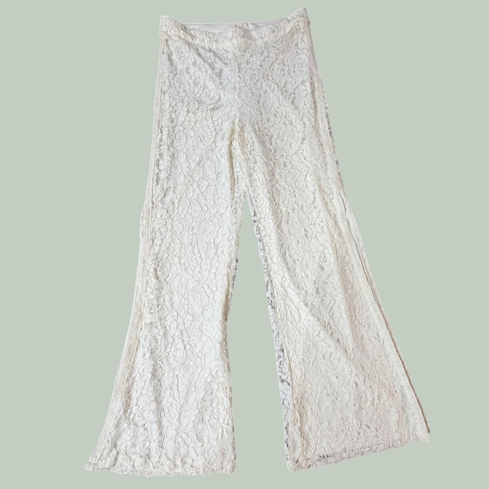 Unbranded Cream Floral Lace Wide Leg Flare Pants High Rise Side Slit Boho Womens